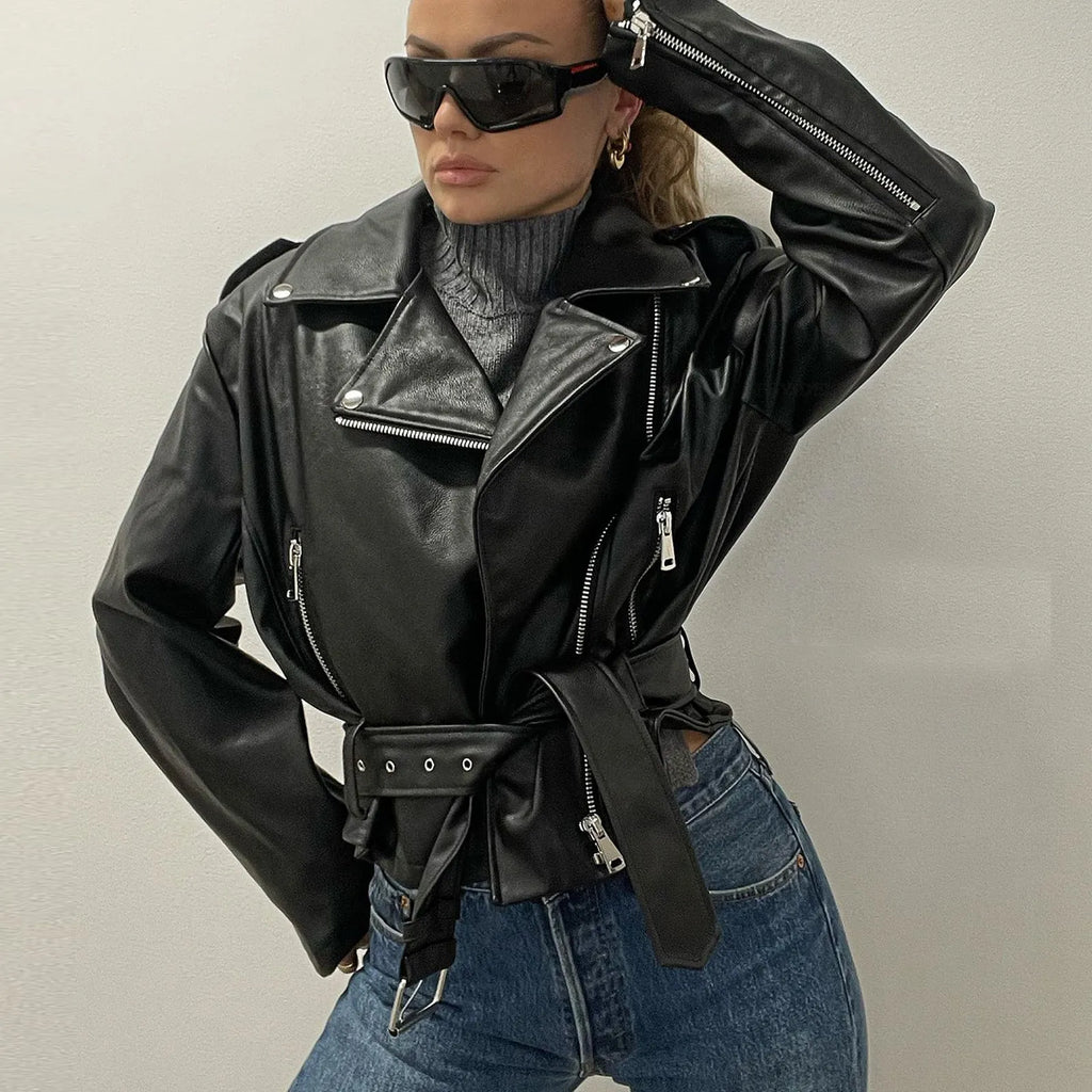 Punk short belt lapel locomotive style jacket in black polyester for street fashion