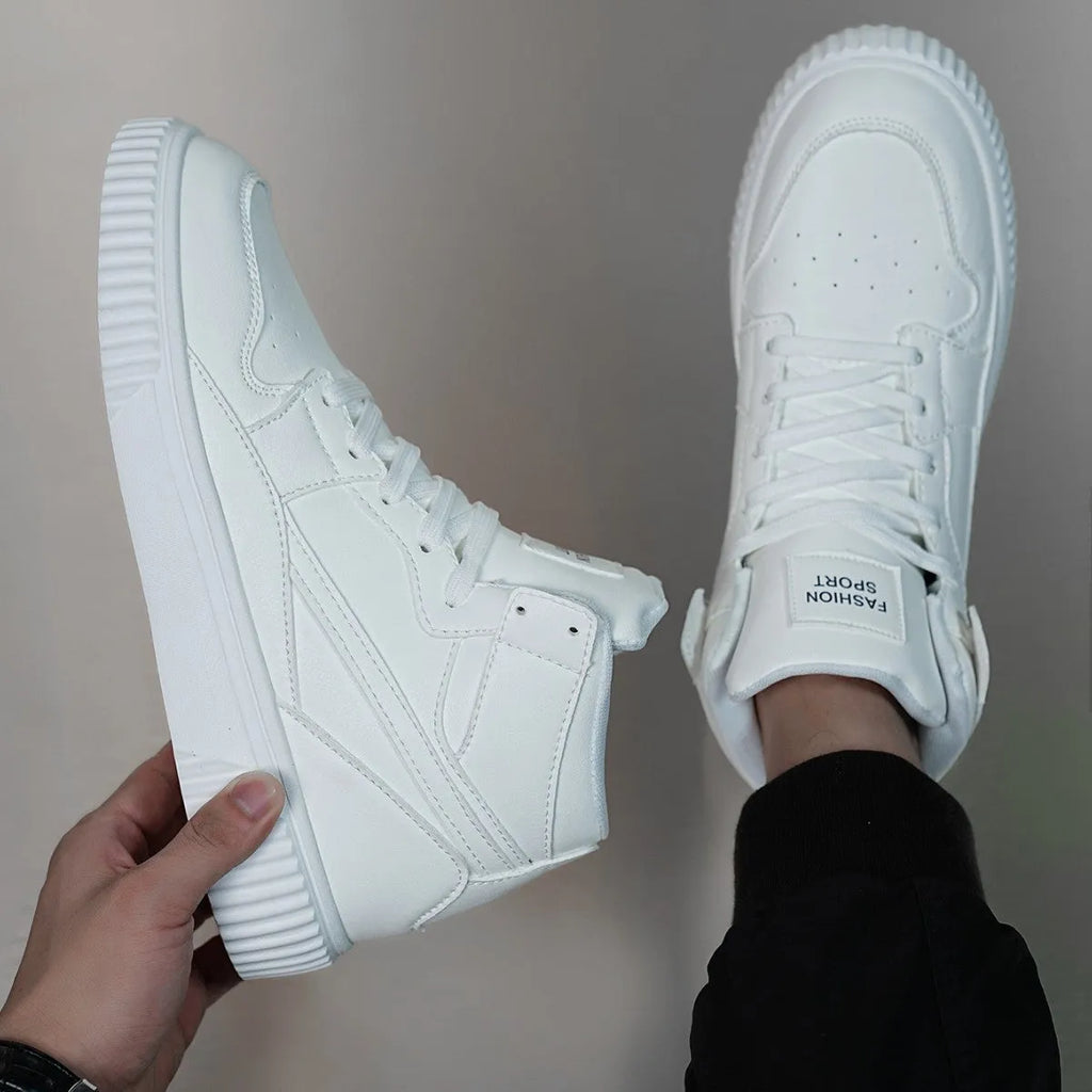 Men's white microfiber casual shoes with round toe design for autumn and winter leisure wear