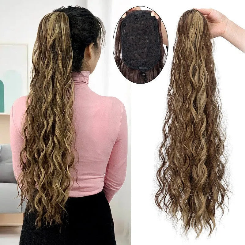 Long curly hair extension with water ripple texture in drawstring ponytail style