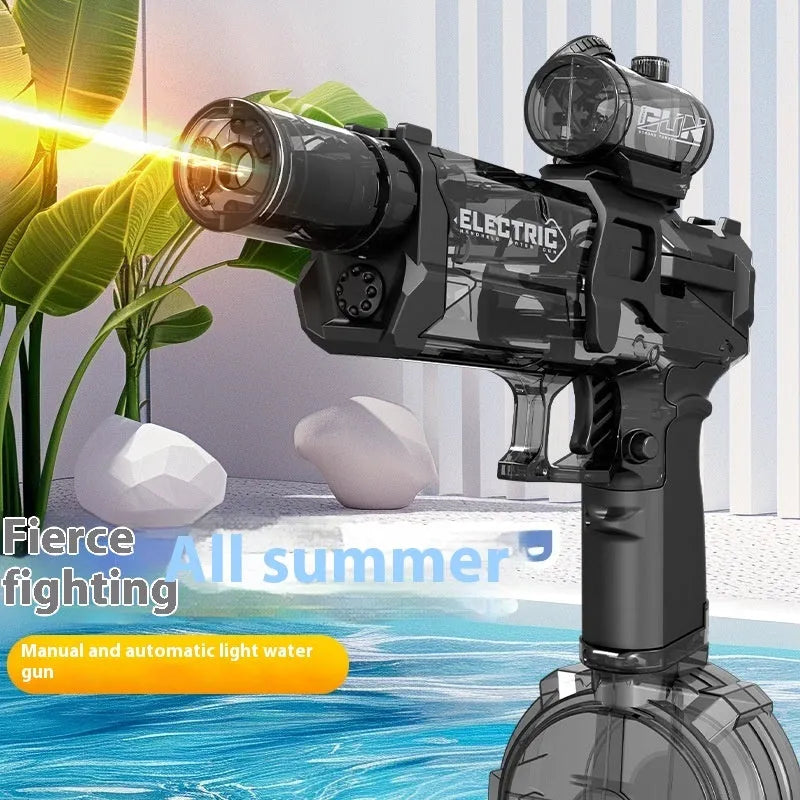 Black and blue automatic electric water pistol with LED lights, shown ready for a summer water fight.