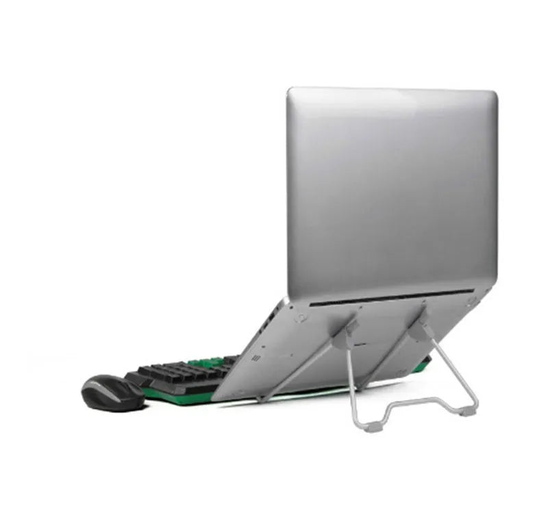 Grey aluminium and plastic adjustable stand holding a mobile phone and a tablet.