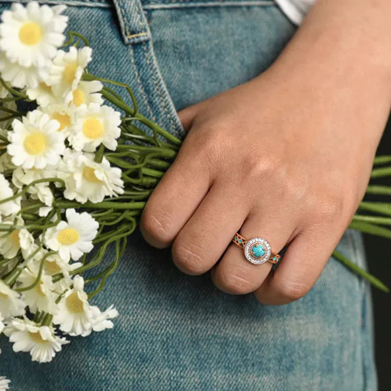 Women's turquoise geometric ring with inlaid zircon stones on rose gold copper band