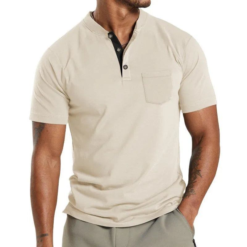 Plus size man wearing a solid colour short sleeve polyester shirt with a button chest pocket.
