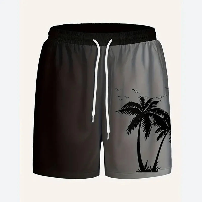 Man wearing loose grey polyester beach shorts, showing sporty casual style.