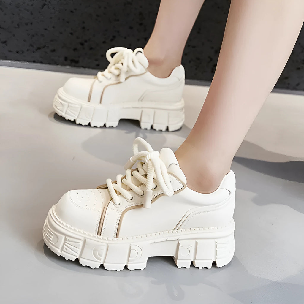 Women's beige leather muffin bottom casual shoes with rubber foam soles for height increase