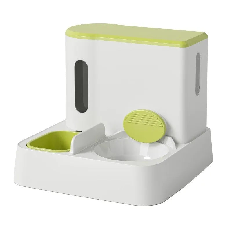 Grey automatic cat feeder and water dispenser station with integrated double bowls