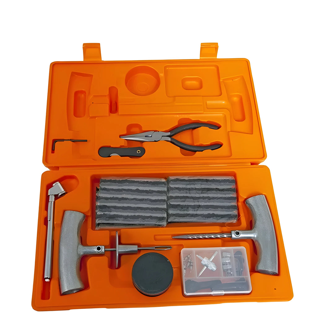 Speedy Seal emergency car tyre repair tool set in a yellow case with insertion tool, reamer, and gauge.