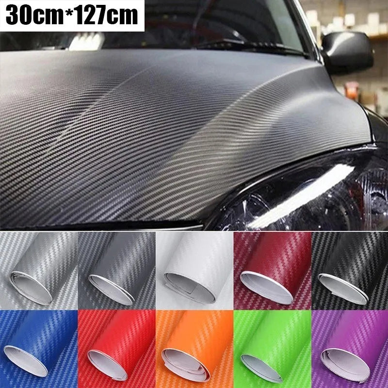 Roll of 3D carbon fiber patterned vinyl sticker for car decoration, showing textured surface