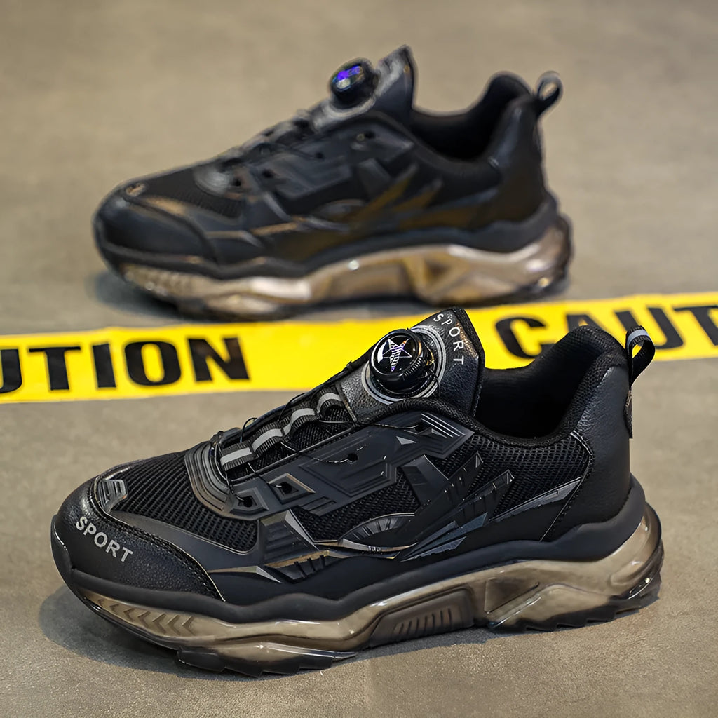 Men's black rotating button platform casual sneakers with mesh upper on a rubber sole.