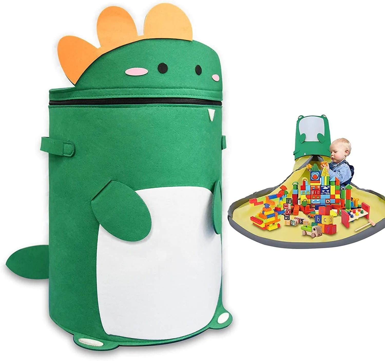 Green felt cube storage bag with pull rope that converts into a flat play mat for toys.