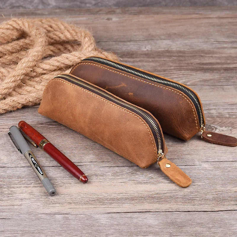 Genuine cowhide leather pencil case with zipper closure in square design measuring 18cm