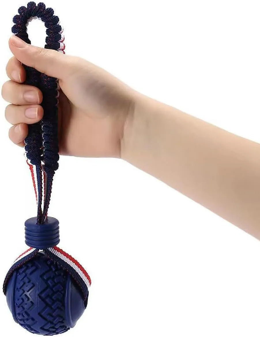 Blue or red natural rubber dog ball with rope toy for small and medium dogs featuring textured surface for teeth cleaning