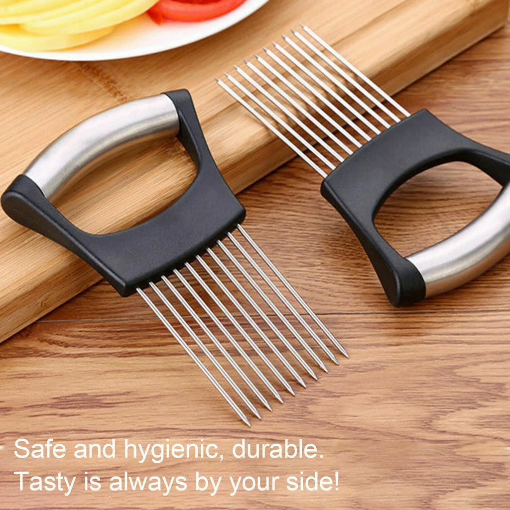 Stainless steel and plastic food slicer holder for onions and tomatoes on a kitchen worktop