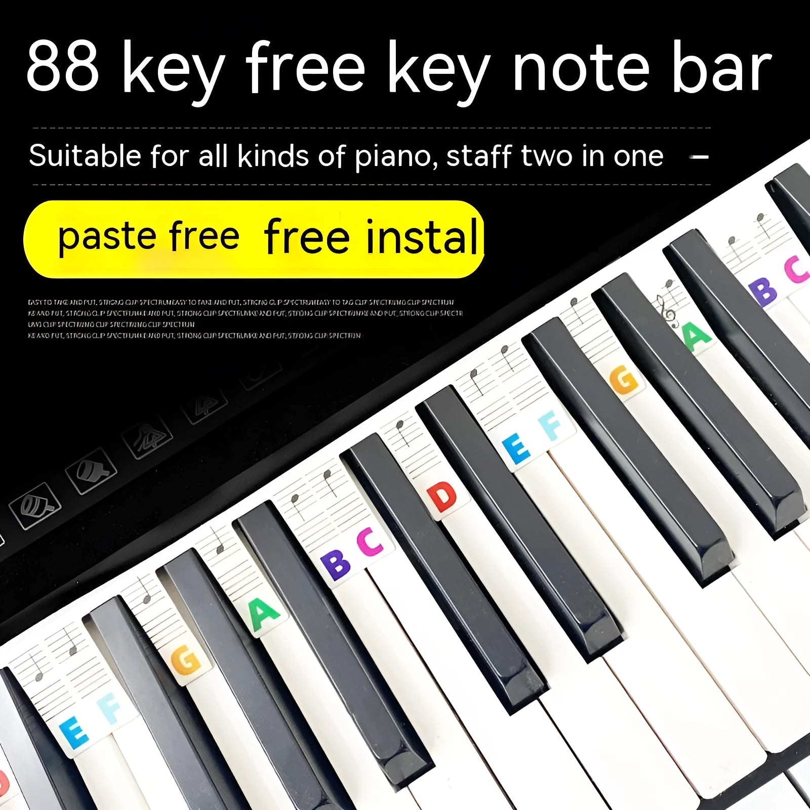 White cardboard piano stickers for 88-key keyboards in black notes or colour bar options