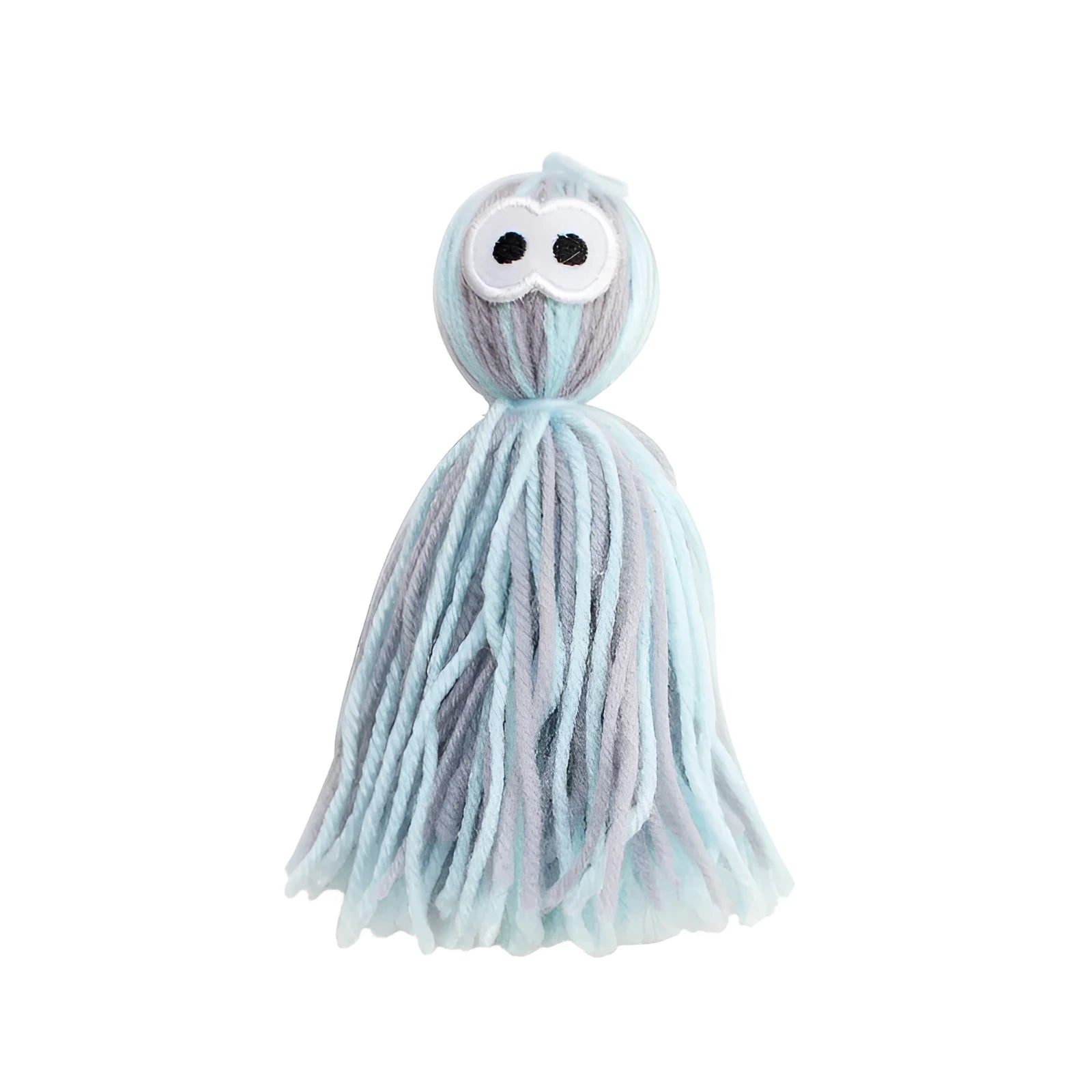 Hanging wool ball cat toy with teaser stick in pink and blue colours on a white background.