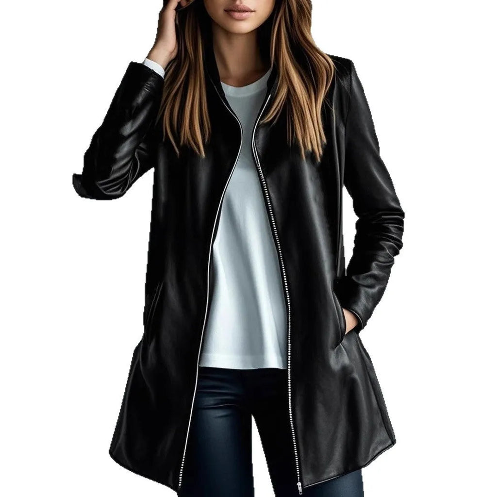 Black women's medium-length polyester jacket with long sleeves on a hanger.