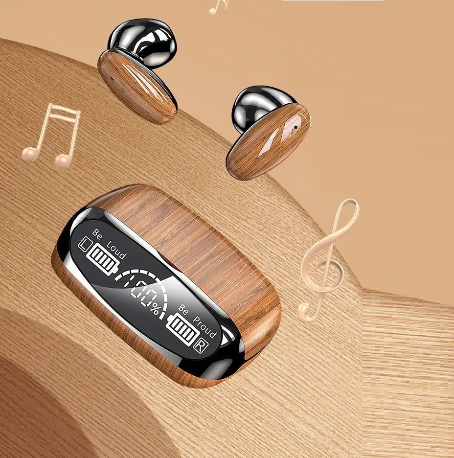 M35 wood grain Bluetooth wireless earbuds with charging case on wood background