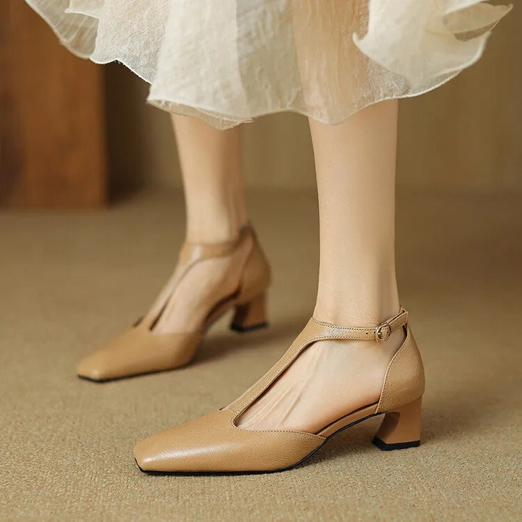 French retro square-toe chunky heel shoes in wine red sheepskin leather with buckle closure
