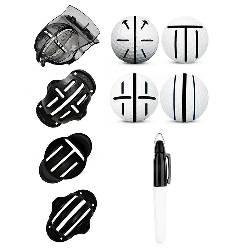 Golf putting alignment tool with 4 scribers and drawing pen on practice green