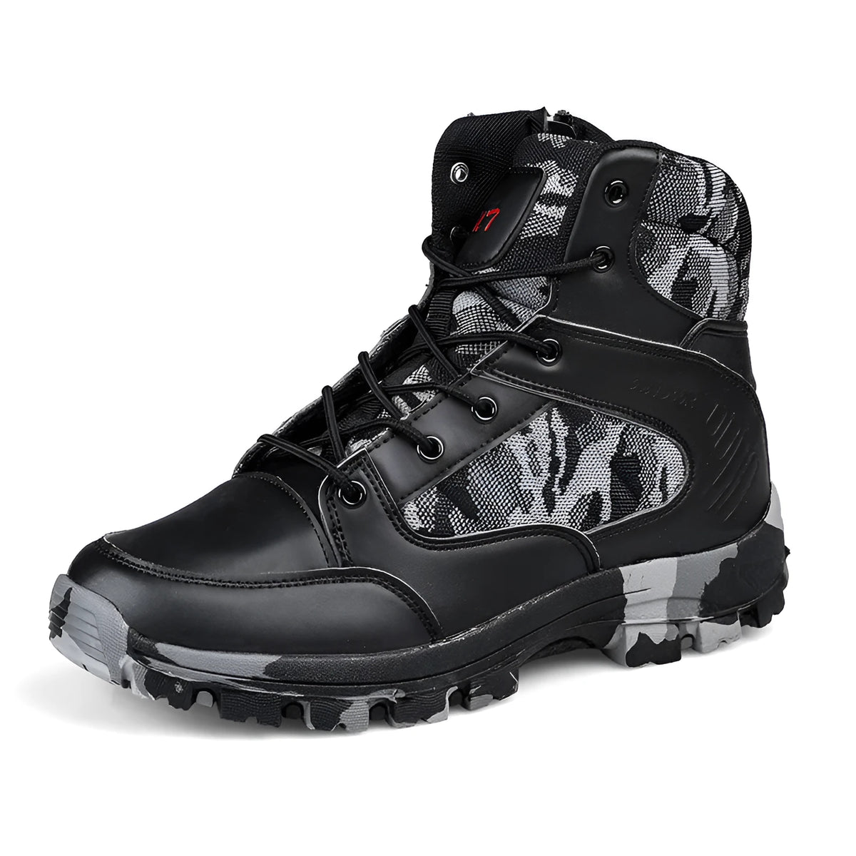 Men's high-top hiking shoes in green camouflage colour with artificial PU upper and metal accents.