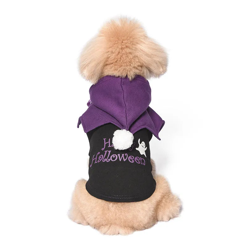 Black and orange Halloween dog costume with pumpkin design showing sweater and shawl two-piece construction