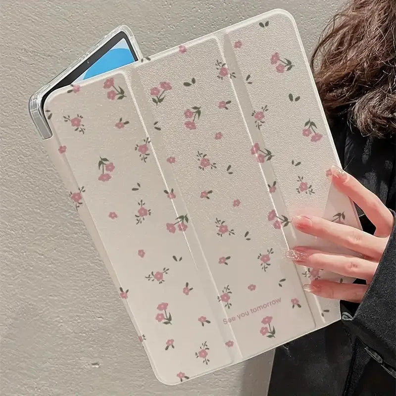 Transparent tri-fold iPad case with floral pattern showing built-in stand angle.