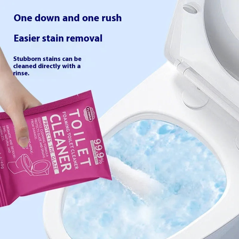 Box and sachets of effervescent toilet bubble cleaning powder in blue ocean and pink floral fragrance options