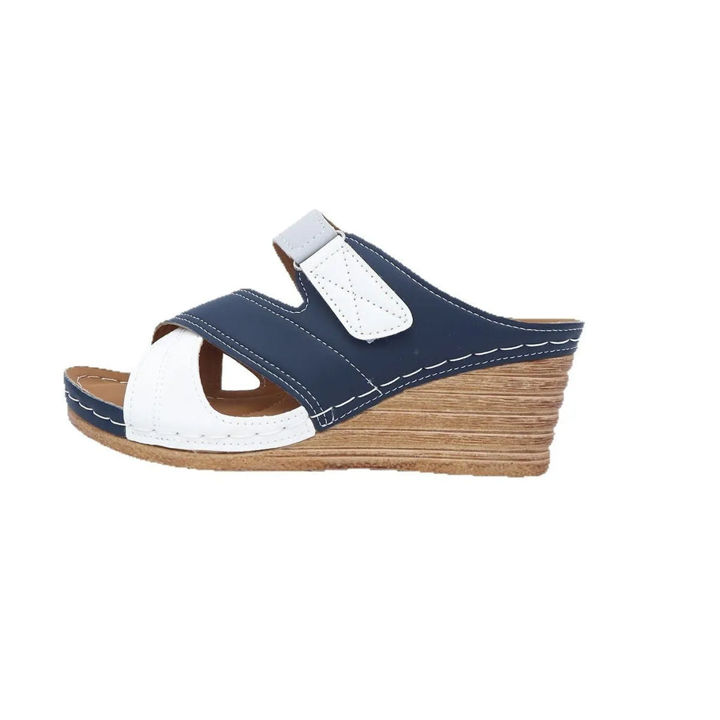 Women's Velcro-fastening platform wedge slippers in a two-tone colour combination with a fish mouth toe design.