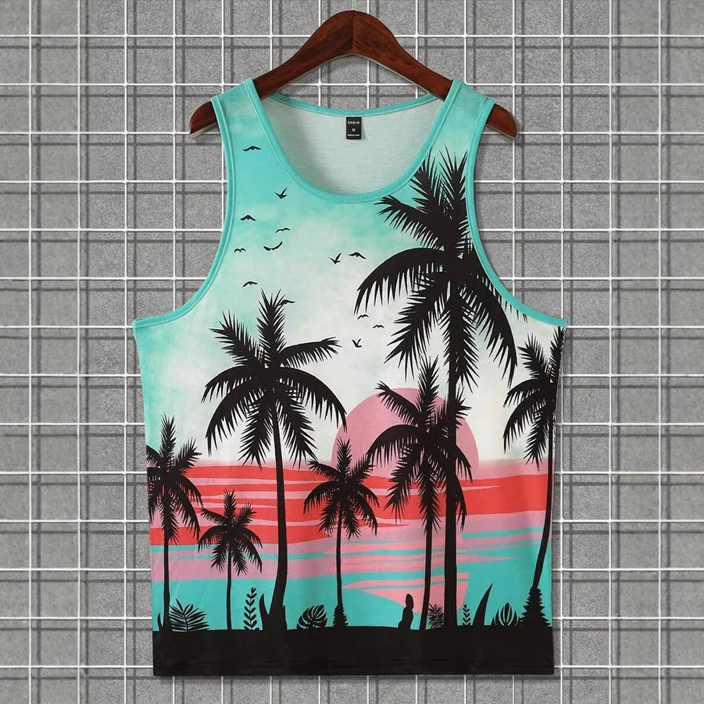 Men's 3D printed Hawaiian-style sleeveless vest in solid colour polyester pinhole cloth