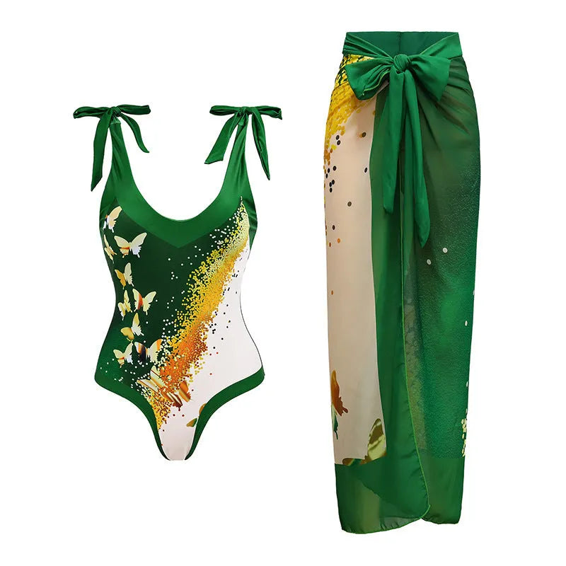 Women's solid colour one-piece swimsuit with spaghetti straps and attached skirt in polyester fabric