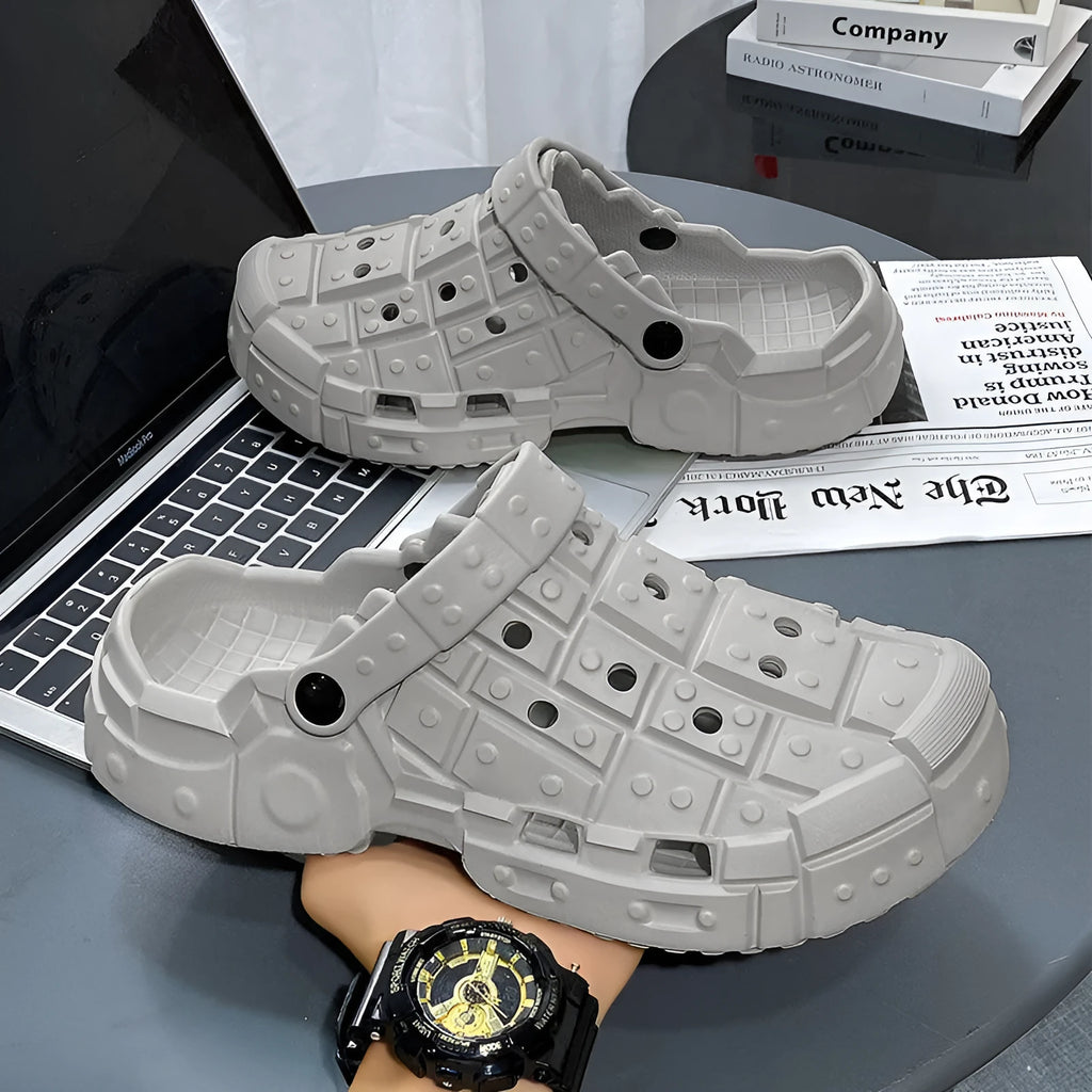 Men's simple EVA hole shoes with thick non-slip sole and toe holder design in sand colour