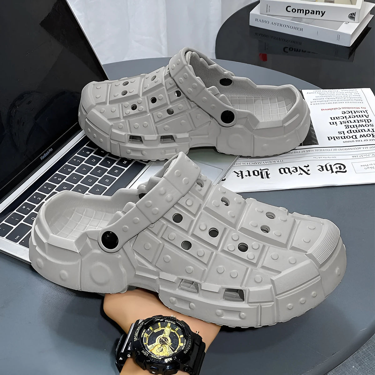 Men's simple EVA hole shoes with thick non-slip sole and toe holder design in sand colour