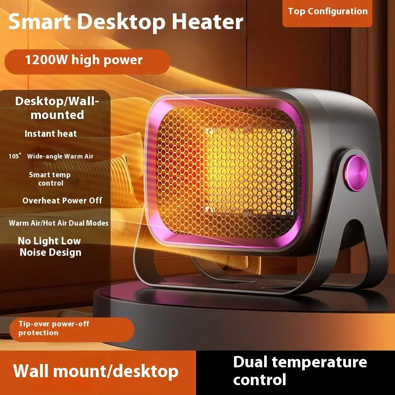 A compact grey desktop electric heater with a rotatable design on a wooden desk.
