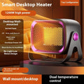 A compact grey desktop electric heater with a rotatable design on a wooden desk.