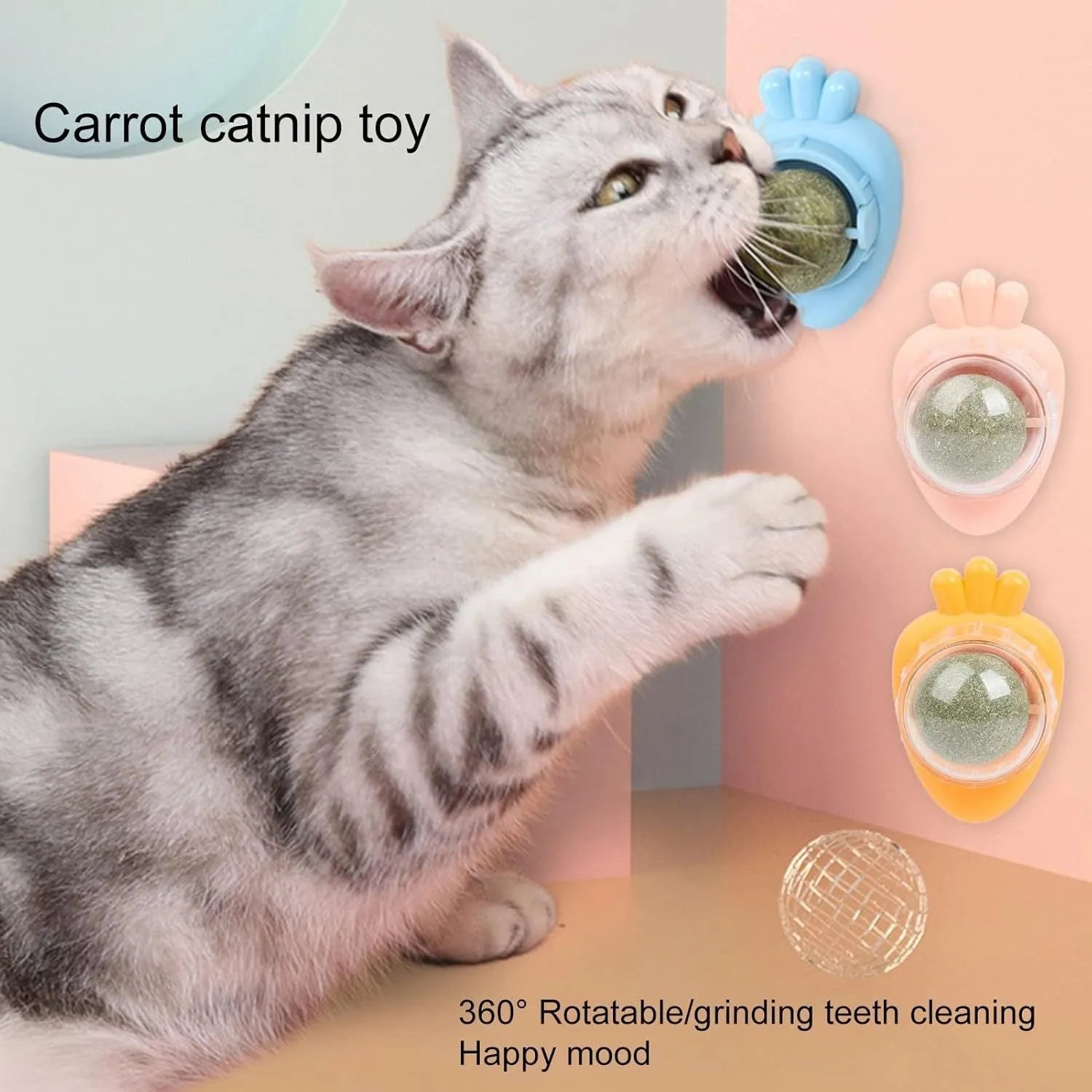 Blue carrot-shaped catnip ball with self-adhesive backing for wall mounting and cat teeth cleaning