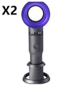 Compact portable bladeless fan on its base, shown in blue, with a USB cable for charging.