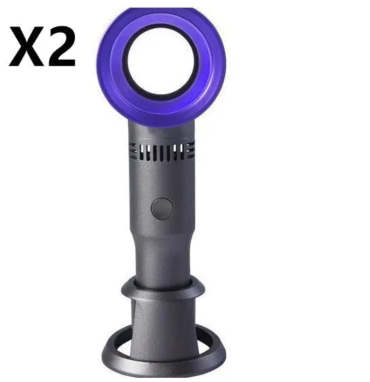 Compact portable bladeless fan on its base, shown in blue, with a USB cable for charging.