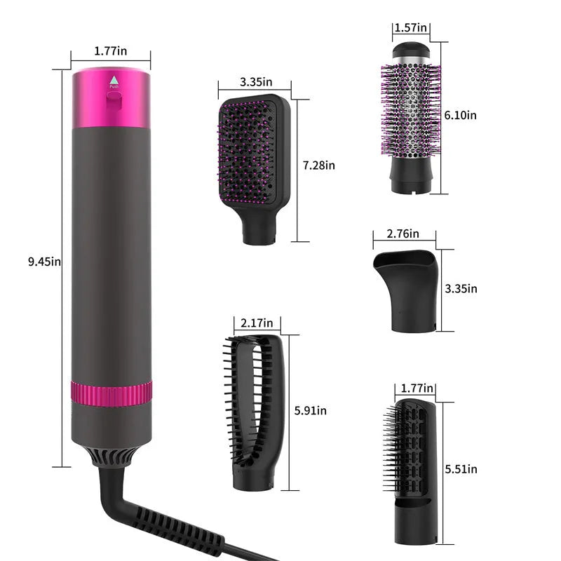 Dyson grey 5-in-1 hair dryer brush styler with five brush attachments on a white background.