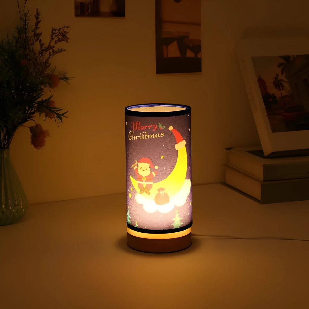 Moon Santa Claus shaped LED night light with USB plug and bamboo base.