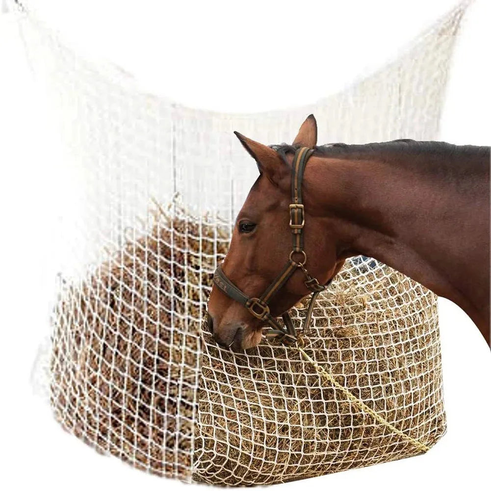 Black woven PE rope grid hanging feeding bag for horses and livestock.