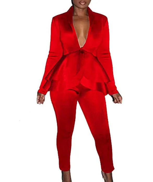 Ruffled air layer top and pencil trousers uniform set in sanitary cloth polyester fabric