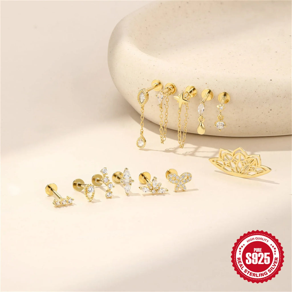 S925 sterling silver hollow lotus flower ear bone stud with rhinestones and gold-tone electroplated finish, single women's ear stud.