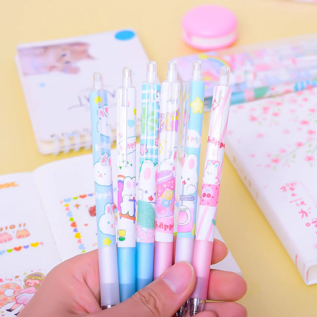 Set of six black pens with cartoon bunny design, showing 0.5mm fine tip nibs.