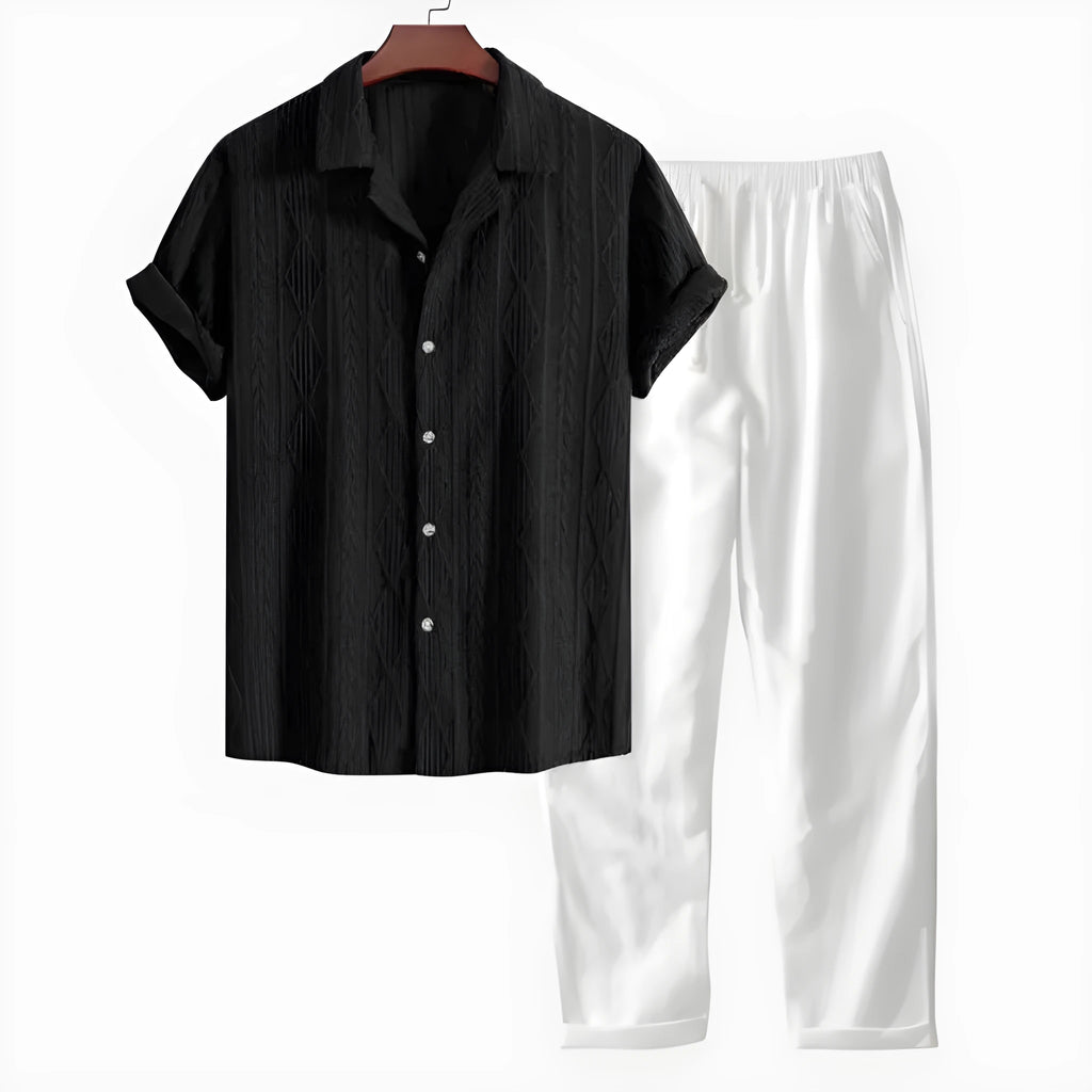 Men's slim-fit camouflage print casual suit with short sleeve shirt and trousers