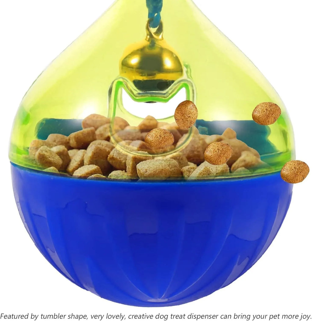 Interactive pet treat dispenser tumbler toy for dogs and cats showing dimensions