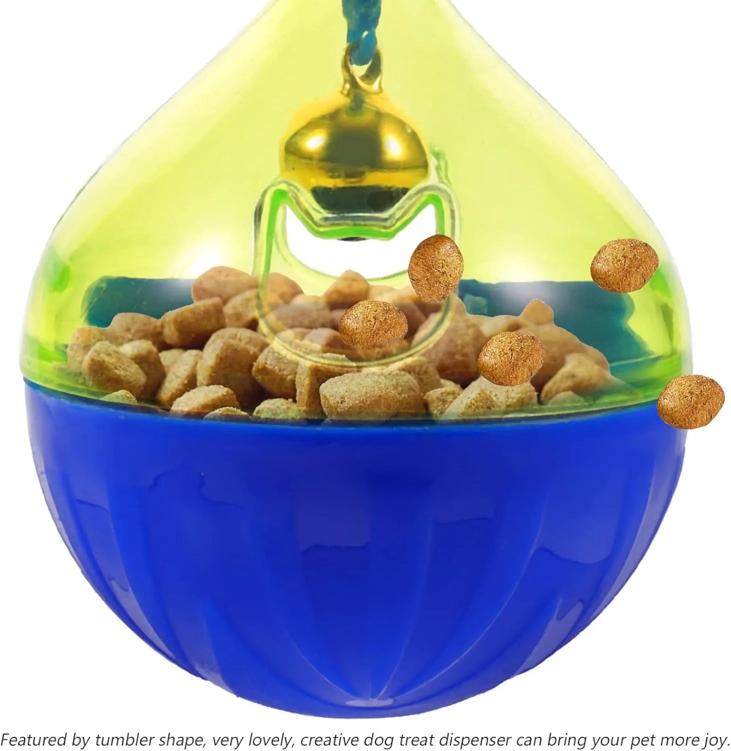 Interactive pet treat dispenser tumbler toy for dogs and cats showing dimensions