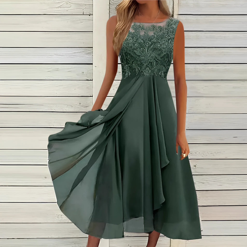 Women's sleeveless mid-length dress with lace hollow-out stitching in blue, green, or purple polyester fabric