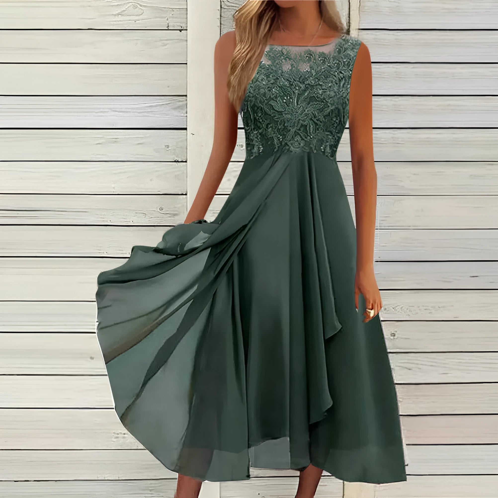Women's sleeveless mid-length dress with lace hollow-out stitching in blue, green, or purple polyester fabric
