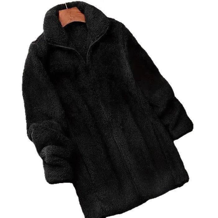 Double-sided velvet fleece jacket in black, navy, or khaki on a hanger