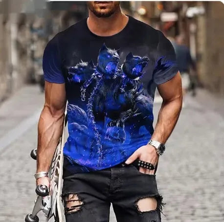 Men's black T-shirt featuring a textured 3D printed lion graphic on the chest.